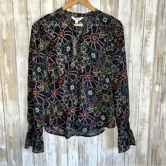 NWT Steve Madden Cameila Black Sheer Floral Button Blouse - Picture 2 of 6
